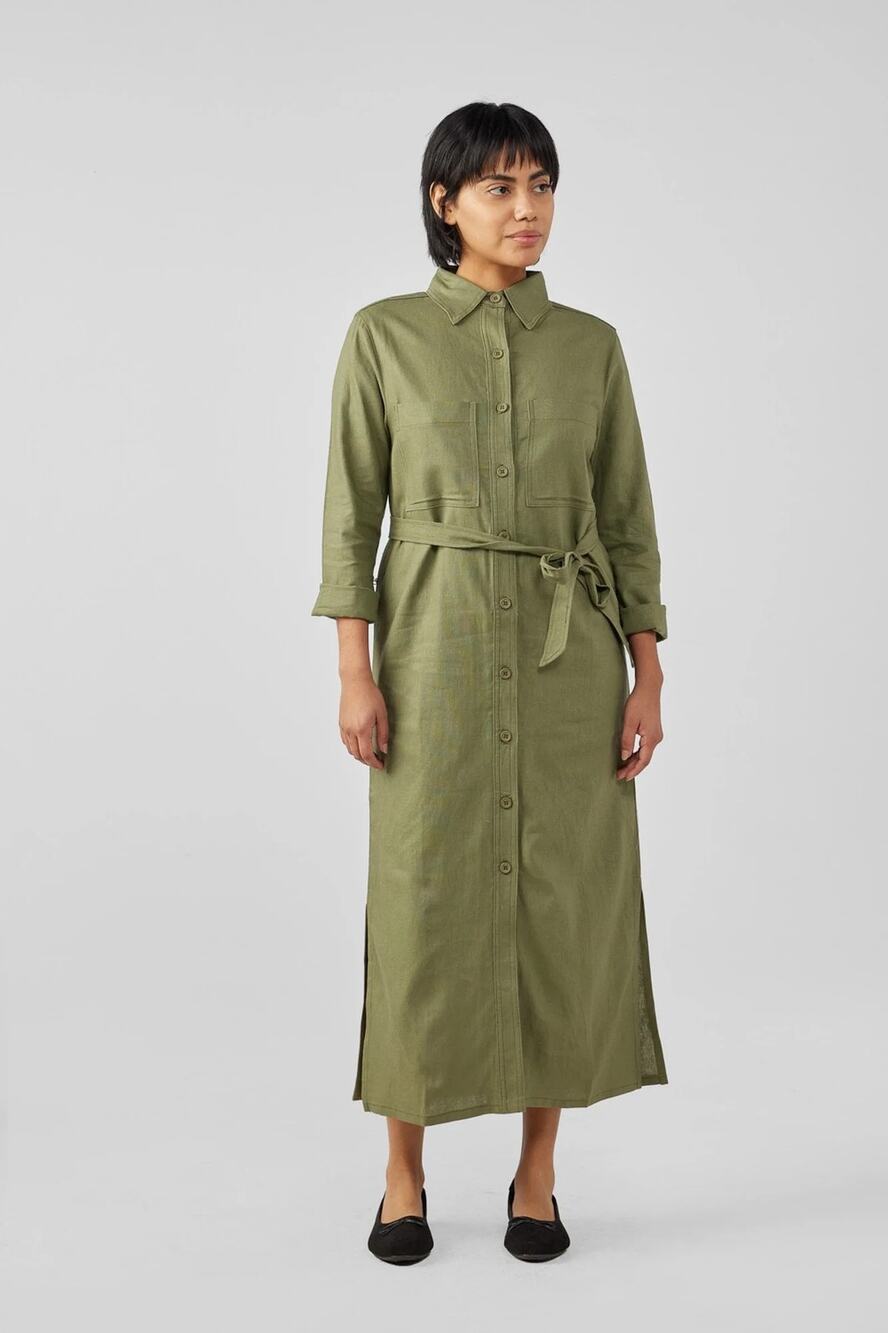 The Finery Linen Olive Army Green Midi Shirt Dress Women’s 3XL Minimal Modest